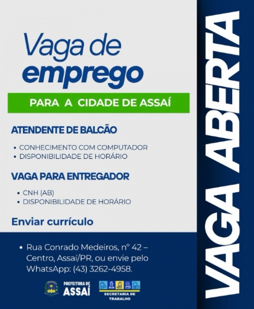 MAIS VAGAS DE EMPREGOS – ASSAÍ/PR